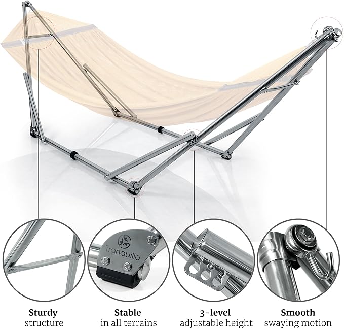 Tranquillo Adjustable Portable Hammock with Stand, Collapsible Camping Hammock, 650 lbs Capacity 2 Person Hammock with Stand, 30 Seconds Assembly Foldable Hammock Travel, Yellow