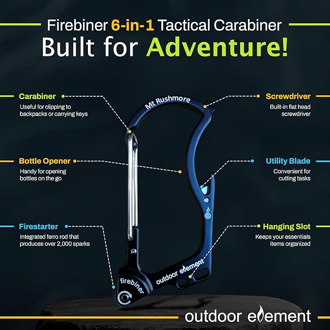 OUTDOOR ELEMENT Firebiner Custom Engraved 6-in-1 Fire Starter Carabiner Multitool – Survival Gear EDC Keychain with Utility Blade, Bottle Opener, Screwdriver, Emergency Tool