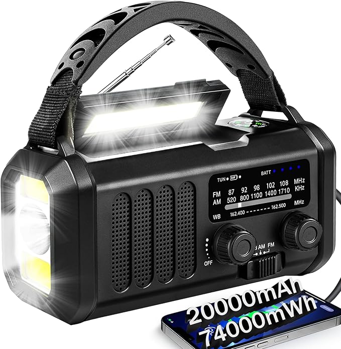QAUYYW Hand Crank Emergency Radio,74000mWh Solar Powered Portable NOAA AM FM Weather Radio with 3 Mode Flashlight and Reading Light,Cell Phone Charger,Home and Emergency Distress Signal (Black)