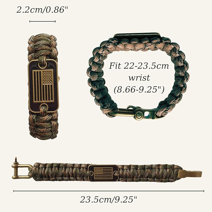 VAYOBOO Paracord Bracelet - Tactical Survival Bracelet for Men with Bronze USA Flag - 3 Adjustable Sizes - Green Camo, L