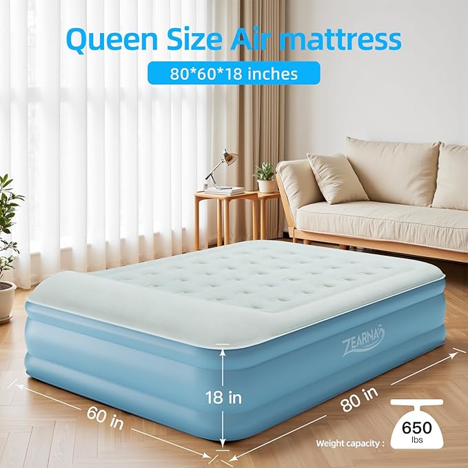 Zearna Air Mattress Queen with Built in Pump, Blow Up Mattress 18 Raised Comfort, Upgraded Surface Portable Air Bed with Pillow, Inflatable Mattress for Camping, Home and Guest, 650 lbs Max