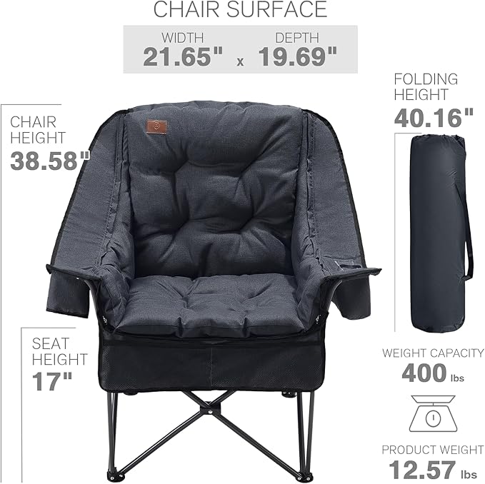 EVER ADVANCED XL Camping Chair with Detachable Cushion, Mesh Chair for Adults Foldable, Oversized Heavy Duty Folding Chair with Cooler Mesh Pocket Cupholder Outdoor Fishing, Supports 400LBS Black