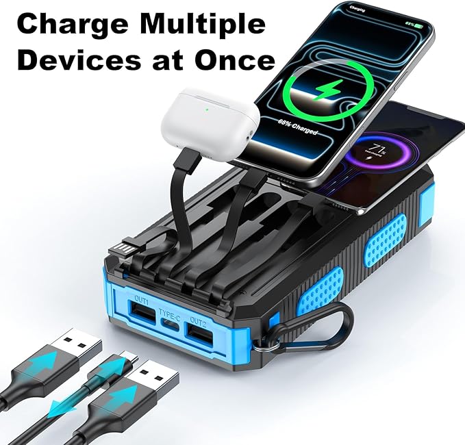 Solar Charger Power Bank 20000mAh Portable Charger with 4 Built-in Cables and USB-C in/Output, Dual Emergency Flashlights, Waterproof Outdoor Battery Pack for Camping, Hiking, Travel, and Storm Prep