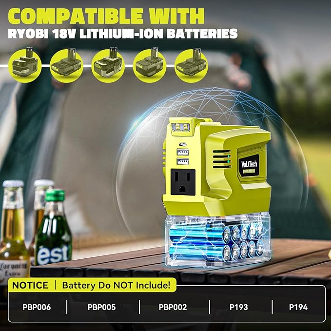 Real 200W Power Inverter Compatible with Ryobi 18V, VoLtTech Battery Inverter 18V to 110V-120V, Phone Charger USB Charger Adapter Power Adapter with 2 USB Ports & 1 Type-C & 1 AC Outlet (No Battery)