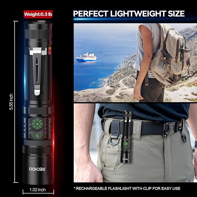 RECHOO Flashlight Rechargeable High Lumens, Dual Switch Rechargeable LED Flashlight 1 Pack, Adjustable Foucs 5 Lighting Modes Flashlights for Home, Camping, Gifts for Men