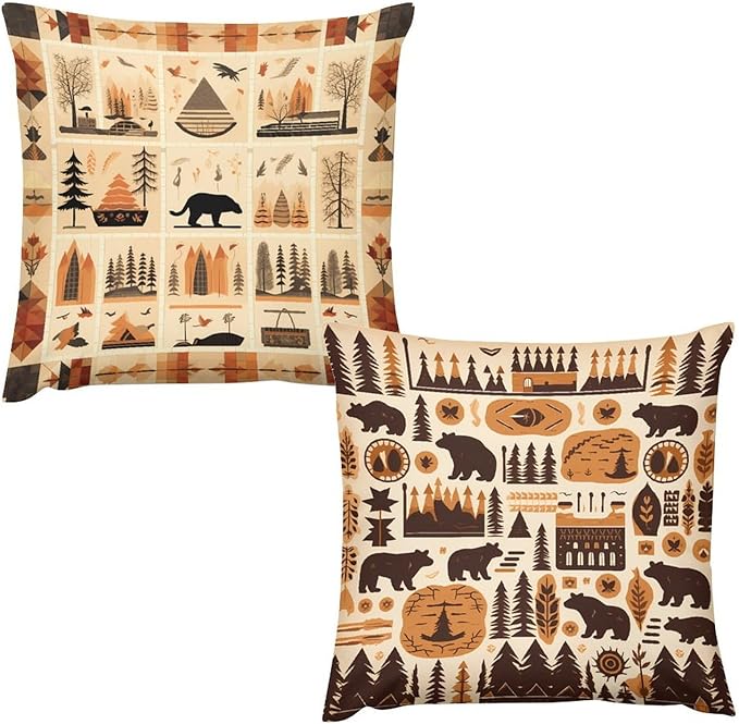 ITFRO Set of 2 Birthday Gift Nature Wildlife Bear Deer Forest Bonfire Pine Tree Short Plush Both Sides Square Retro Checkered Throw Pillow Cover Cushion Case Farmhouse Sofa Decor 18x18 Inches (Khaki)