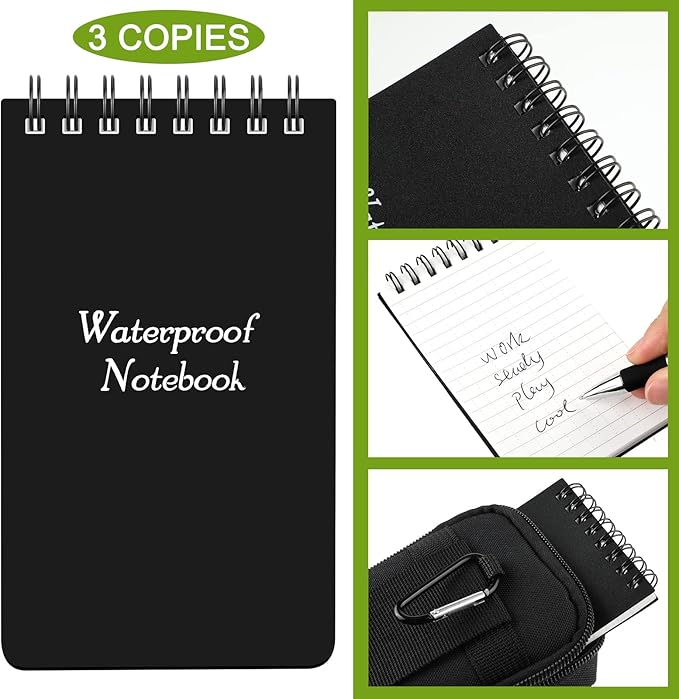 Eaasty Waterproof Notebook and Pen Set 3 x 5 Inch Pocket Tactical Notebook with 1 Metal Weatherproof Pen and 1 Fabric Cover for Outdoor Activities Recording(Black,5 Pcs)