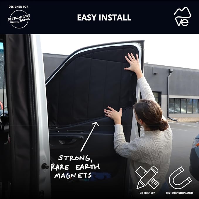 VanEssential Insulated Stealth Blackout Magnetic Window Covers Designed for Mercedes-Benz VS30 (Van Years 2019 to Current), Front Door (Pair), Black