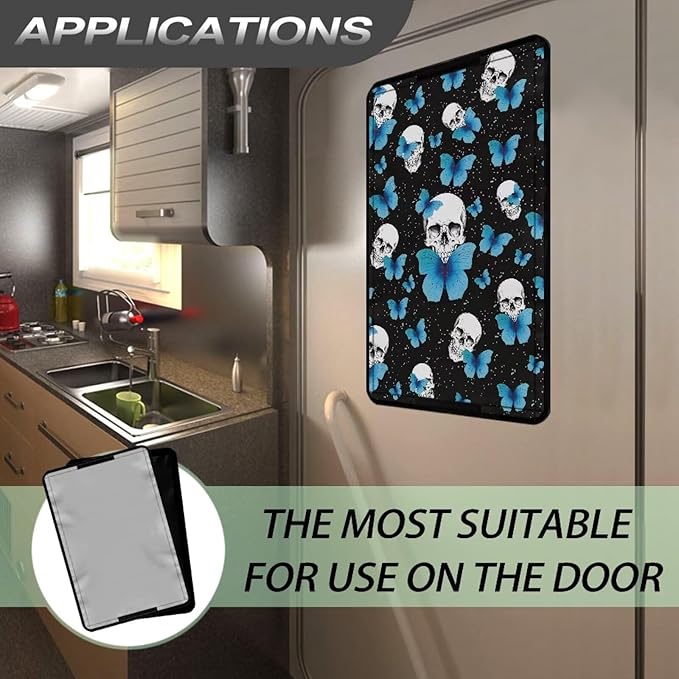 RV Door Window Shade Foldable Camper Trailer Blackout Window Door Protector, Blue Butterfly Skull UV Rays Protection Travel Trailer Accessories,Waterproof 300D Fabric