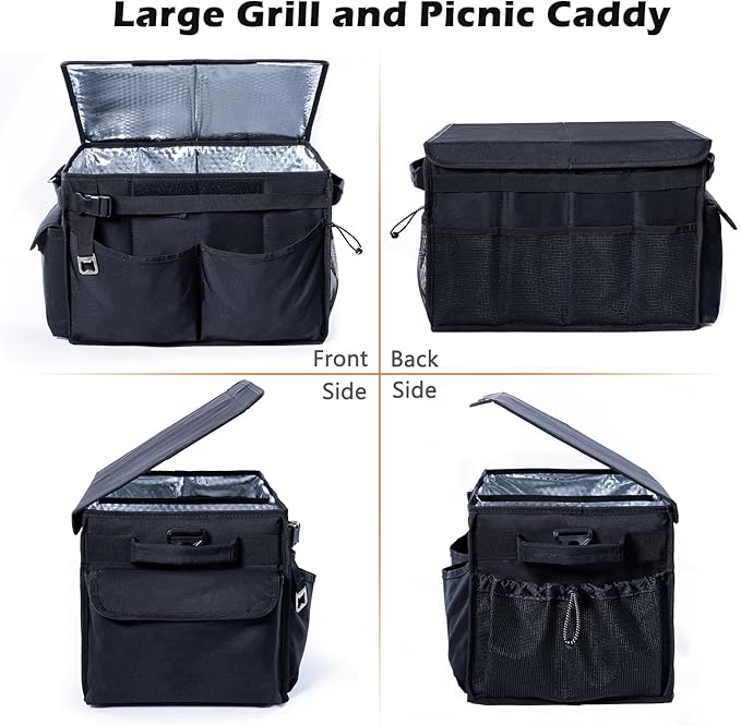 Large Grill Caddy with Lid – BBQ Organizer for Camping, Tailgating, RV, Boating – Grilling Gifts for Men – Collapsible Griddle Tote Bag with Shoulder Strap – Outdoor Essentials