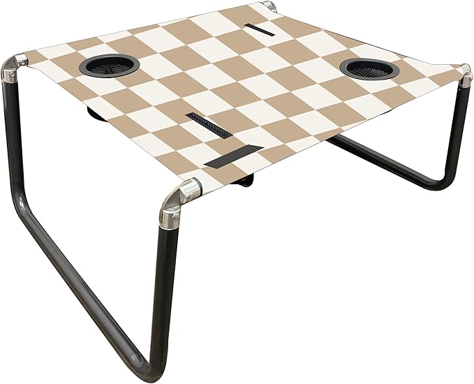 Neso Beach Table - Lightweight, Portable and Foldable Table for Beach, Camping and Outdoor Adventures - Stable Surface - with Cup Holder for Drinks and Phone Pockets - Tan Checkers
