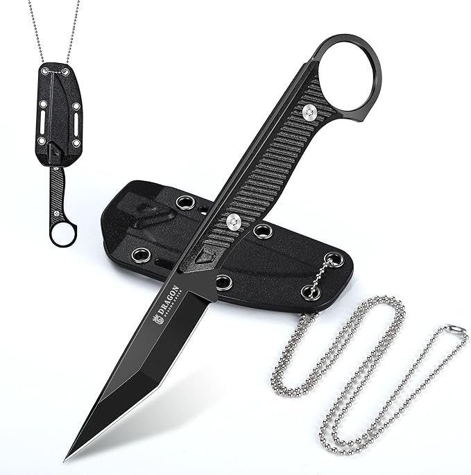 Dragon Creek Outdoor Neck Knife – Small Full Tang Fixed Blade Knife with Sheath and Chain Black Christmas Thanksgiving Gift