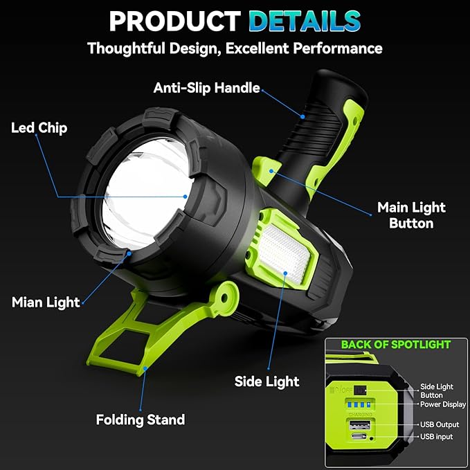 Rechargeable Spotlight，2000000 Lumens Super Bright LED SpotLights Flashlight, 10000ɱAh Spot Lights Long Runtime Waterproof ，Spot Light Outdoor Handheld with Cob Light & Foldable Tripod for Camping