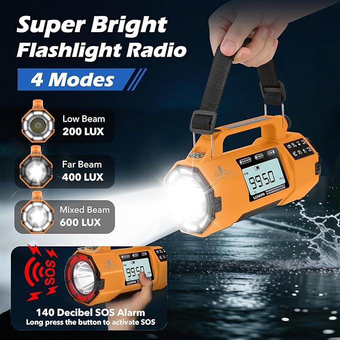 Emergency FM/AM/SW Weather Radio, Big Flashlight/Speaker,Type-C,Sleep Timer Alarm Clock, Solar Hand Crank Charge, 5000mAh Replaceable Battery,Cell Phone Charger Hurricane Survival kit