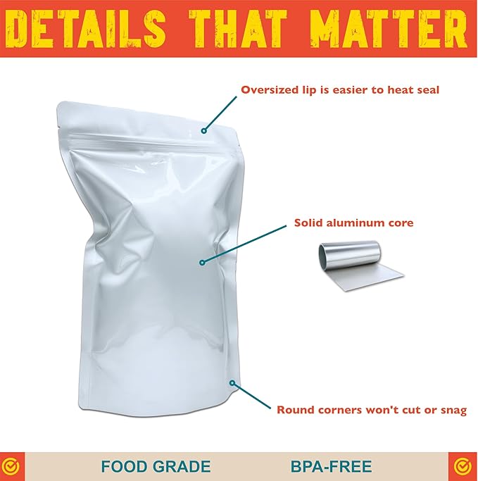 2 Quart Mylar Bags, 16 Mil Total Thickness, Stand-Up Vacuum Seal Bag for Long-Term Food Storage, Dehydrated Meals [50-Pack | 8" x 12" x 4"]