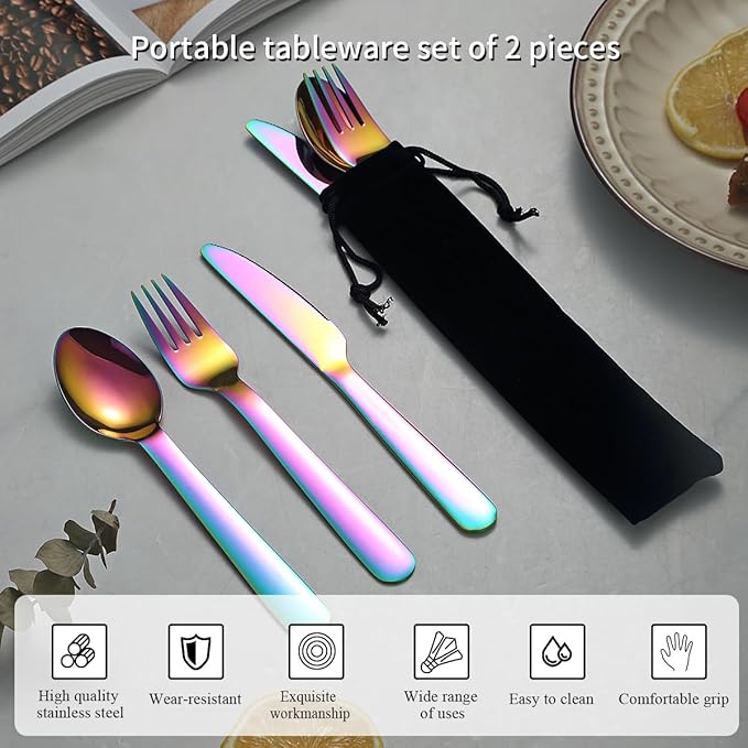 Evanda Portable Silverware Set Set of 2 Packs, Include Knife Fork Spoon, Rainbow Titanium Plating Cutlery Set With Black Bag, For Home Kitchen Camping Travel, Dishwasher Safe