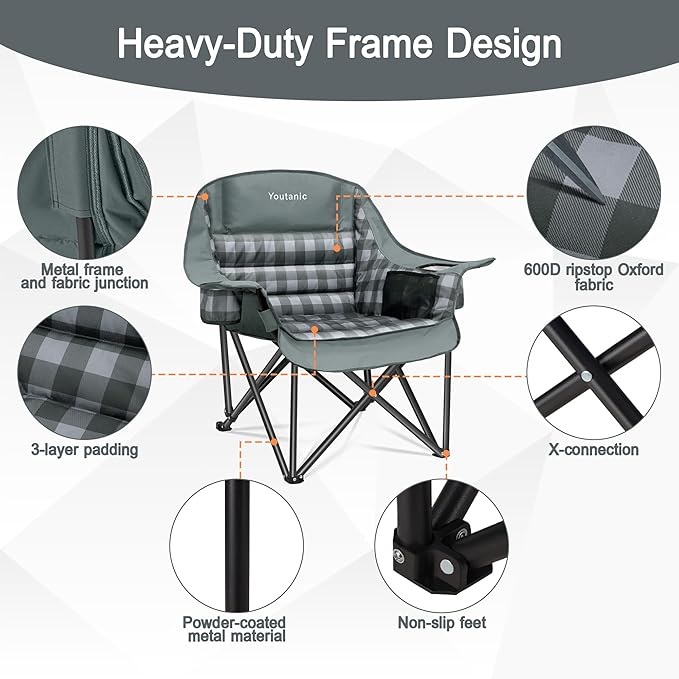 Youtanic Padded Camping Chairs for Adults, Heavy Duty 400 lbs Foldable Lawn Chair, Oversized Ergonomic Outdoor Seat with Classic Plaid Design, Cup Holders & Storage Pockets for Fishing, Sports, Gray