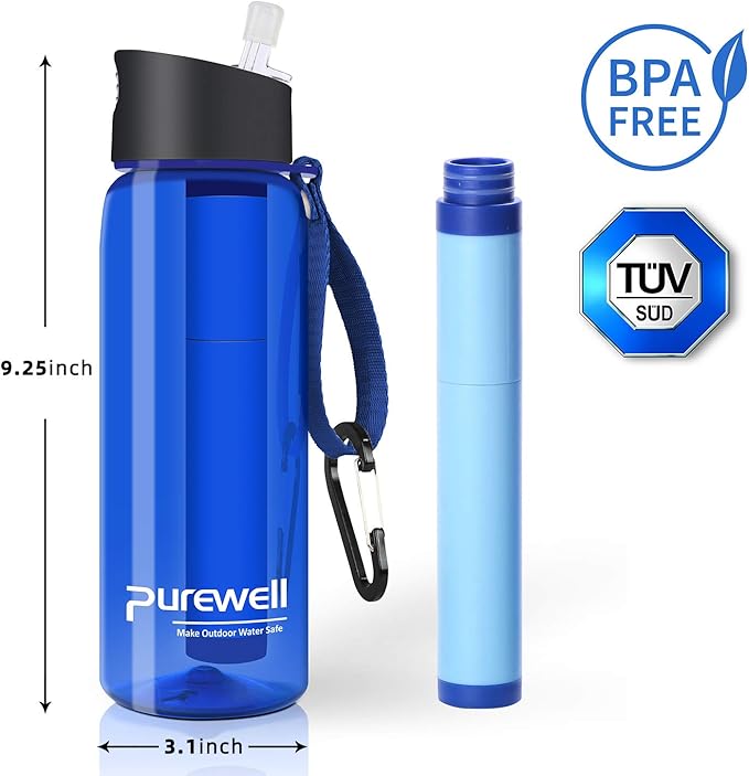 Purewell Filtered Water Bottle BPA Free with 5-Stage Integrated Filter Straw for Camping, Hiking, Backpacking and Travel