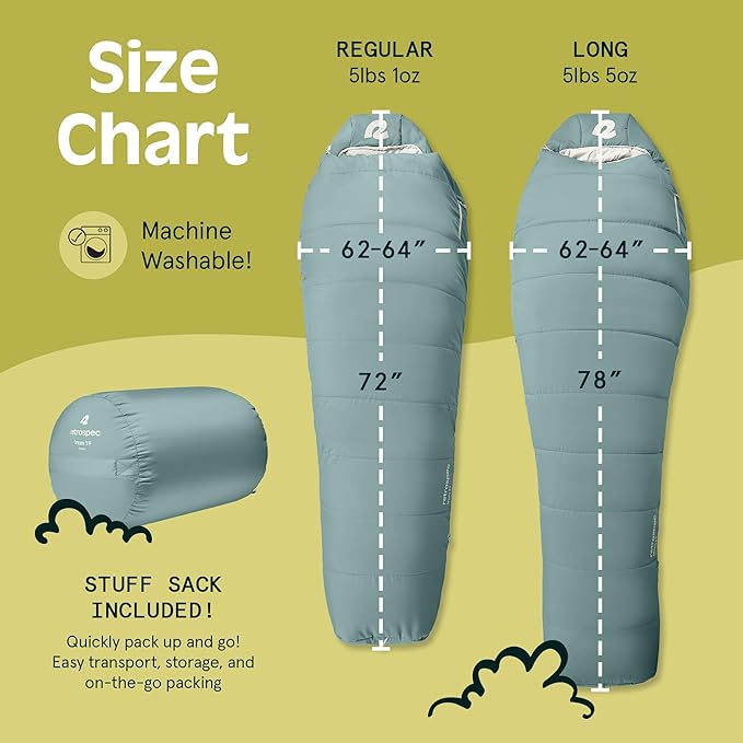 Retrospec Dream Mummy Sleeping Bag - 5, 15, & 30°F Cold Weather Camping & Travel Essential Gear with Water - Resistant Shell & Synthetic Fill - Zippered Pocket & Stuff Sack