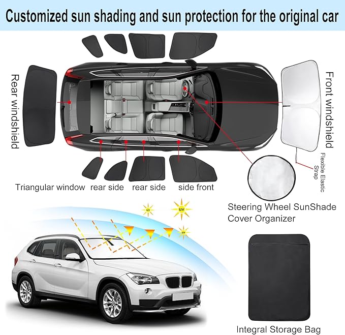 10PCS Windshield Sun Shade Custom Fit for 2011-2015 BMW X1 E84 Accessories Foldable Sunshade Side Rear Window Shade Cover Full Set Privacy Protection Keeps Car Cool