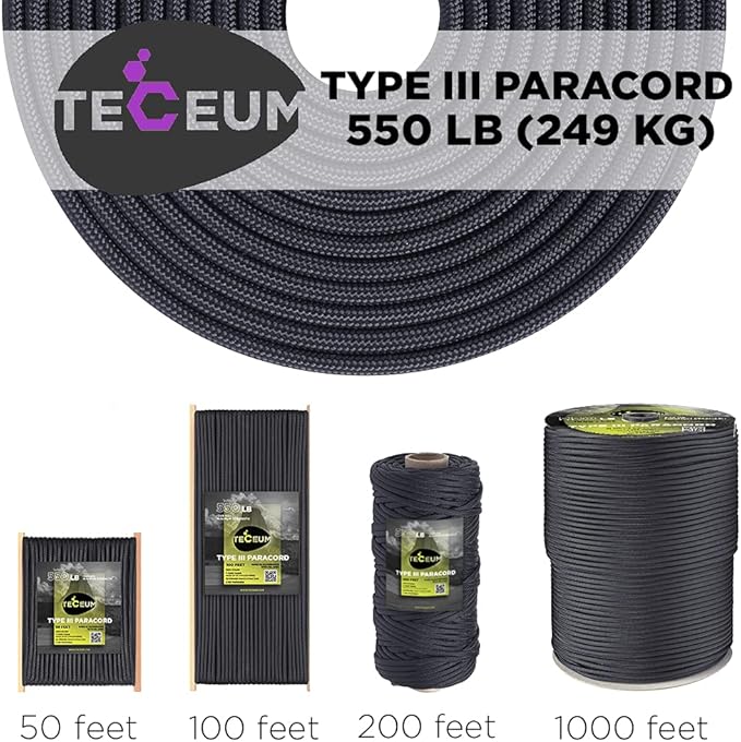 TECEUM Reflective Paracord Rope 1000 – 1000ft/200ft/100ft/50ft – 40+ Colors – Glow in The Dark – para Cord – Utility Rope for Survival, Hunting & Camping Gear – Nylon String, Camping Rope, Tent Cord