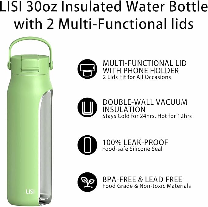 LISI 30oz Insulated Water Bottle, Double Wall Stainless Steel Water Bottles with Straw, 100% Leak-Proof Travel Thermal Canteen Mug with 2 Lids (Straw, Phone Holder Lid) & Cleaning Brush
