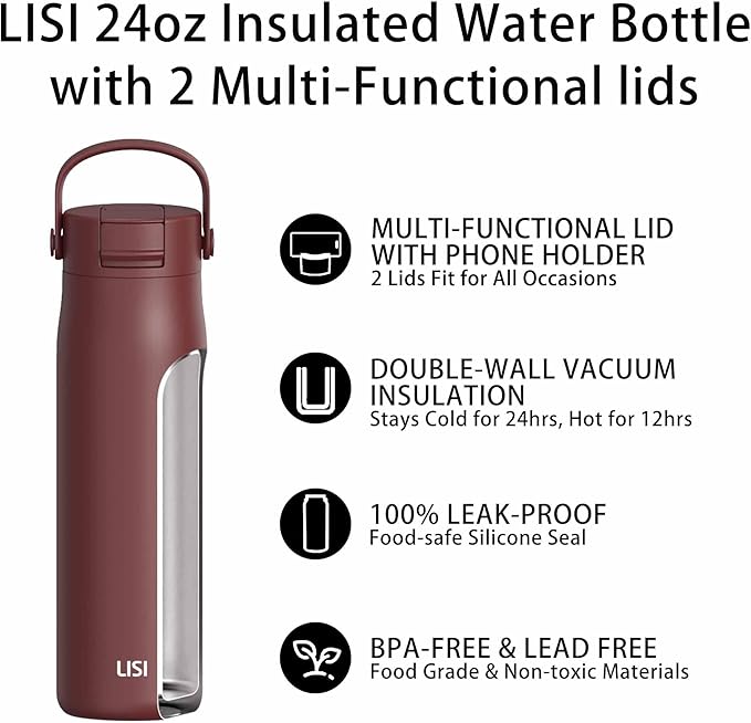 LISI 24oz Insulated Water Bottle, Double Wall Stainless Steel Water Bottles with Straw, 100% Leak-Proof Travel Thermal Canteen Mug with 2 Lids (Straw, Phone Holder Lid)