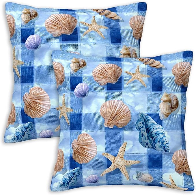 Coastal Throw Pillow Covers 18x18 Set of 2 | Blue Ocean Shell Starfish Cushion Covers | Beach Gingham Decorative Pillow Cases for Couch Sofa Living Room Bedroom