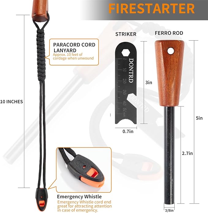 Fire Starter Survival Tool - Handmade Wooden Handle 3/8"" Thick Ferro Rod with Striker and Umbrella Rope Waterproof Iron Rod Flint and Steel Fire Starter Kit