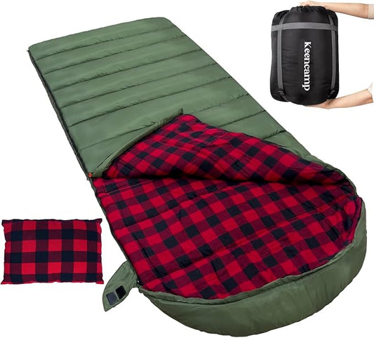 Keencamp 0 Degree Sleeping Bag Cotton Flannel Winter Cold Weather for Adults XXL Sleeping Bag 4 Season Big and Tall with Pillow Compression Sack