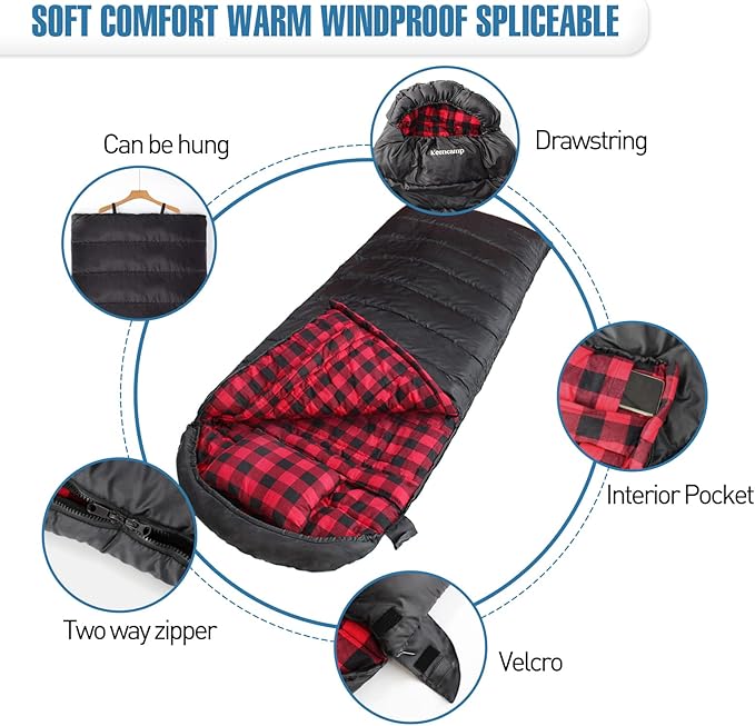 Keencamp 0 Degree Sleeping Bag Cotton Flannel Winter Cold Weather for Adults XXL Sleeping Bag 4 Season Big and Tall with Pillow Compression Sack