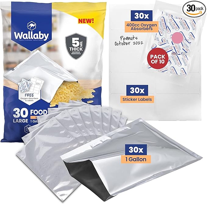 Wallaby 30 Count 1-Gallon Mylar Bags with 400cc Oxygen Absorbers, 10 Mil Total Thickness Long-Term Food Storage Pouches, 10x14 Heat-Sealable Airtight Packaging - Silver