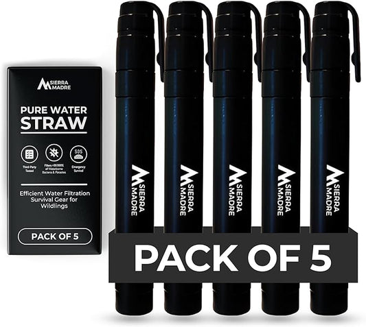 Sierra Madre Portable Water Filter Straw – 264 Gallon Water Filtration for Backpacking, Camping, Hiking, Travel - Ideal for Outdoor Emergency Hydration & Supplies - Portable & Lightweight (Pack 5)