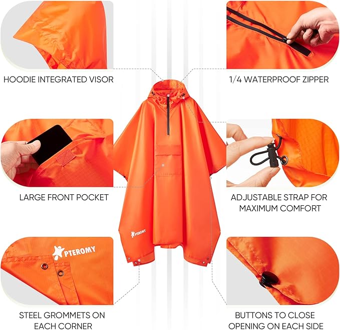 PTEROMY 3-in-1 Hooded Rain Poncho for Adult with Pocket, Waterproof Lightweight Unisex Raincoat for Hiking Camping Emergency