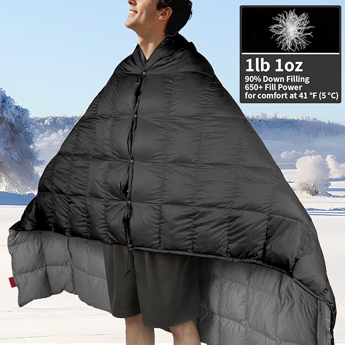 Down Camping Blanket - Lightweight, Packable, Warm & Puffy Outdoor Travel Quilt for Sleep, Hiking, Backpacking, Stadium, Festivals, Water-Resistant Sleeping Bag 55"x79"