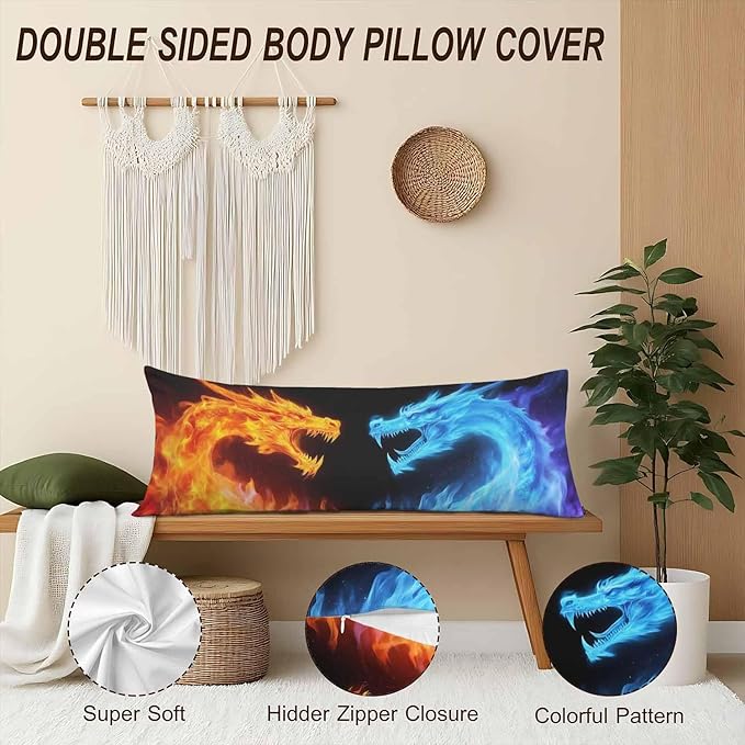 Body Pillow Covers Dragon Body Pillowcase 20"X54", Blue Red Fiery Dragons Couch Side Sleeper Pillow Cases for Home Bedroom, Outdoor Body Cushion Cover for Men Women