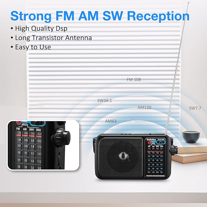 Gelielim Radio Portable AM FM with Bluetooth Loud Speaker, Radio Plug in Wall or Battery Powered Best Reception for Home or Outdoor, Earphone Jack, Large Dial Easy to Use, Great Gfits for Seniors