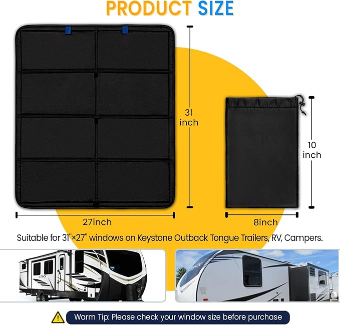 funomo RV Large Side Window Shade, 30 × 26 inch Foldable Magnet RV Blackout Window Cover, Keystone Outback Travel Trailer Side Windows Cover, UV Rays Protection Waterproof Thickened Oxford (Black)