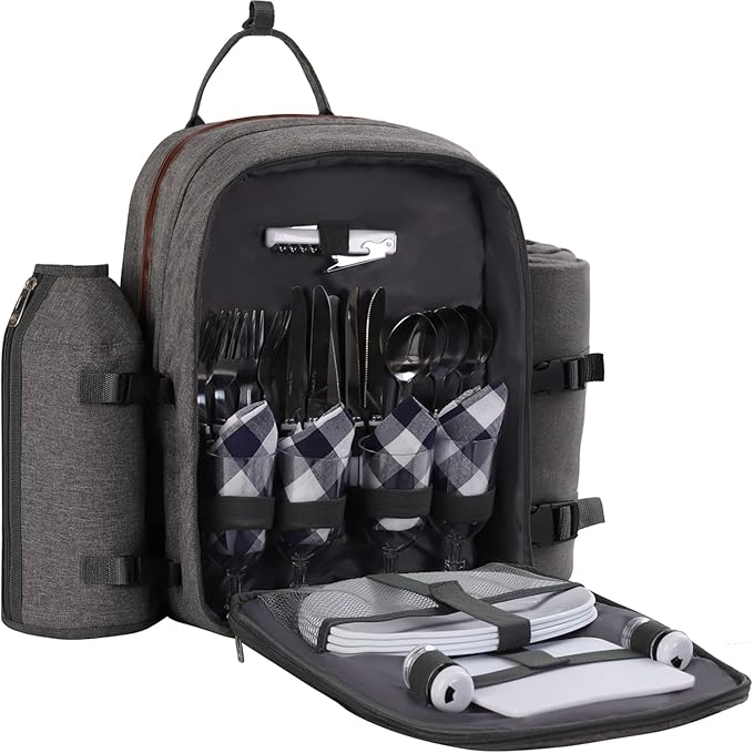 ALLCAMP OUTDOOR GEAR Picnic Backpack for 4 Person W/ Detachable Wine Holder, Insulated Food Compartment and Picnic Cutlery for Family Outdoor Camping and Gift (Grey)