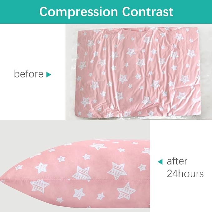 Biloban Toddler Pillow for Sleeping, Kid Pillow 14" x 19" for Small Travel Bed, Nap Pillows, Soft & Skin-Friendly Small Pillows for Sleeping, Toddler Use Only, Age 2 to 5, (White & Pink Star)