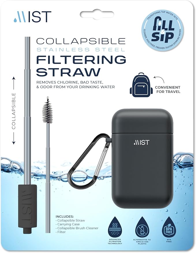 Mist Reusable Straw, Collapsible Reusable Metal Water Filtering Straw Removes Chlorine & Odor, BPA-Free, Portable, Stainless Steel, Filter Straw With Carry Case, Brush, Travel-Friendly, Black