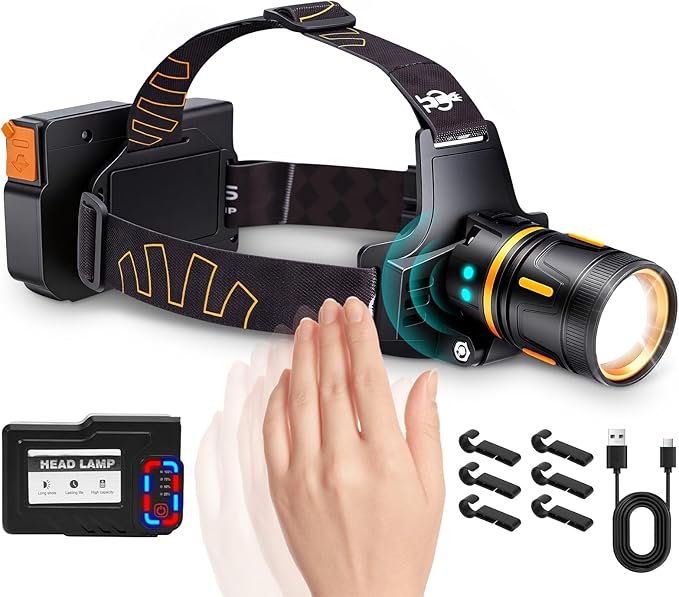 LED Headlamp Rechargeable 3500 Lumens, Dual Beads Headlights Super Bright with 12 Modes & IPX6 Long Runtime Warning Light, Motion Sensor Head Lamp 120° Adjustable for Adult Camping Running