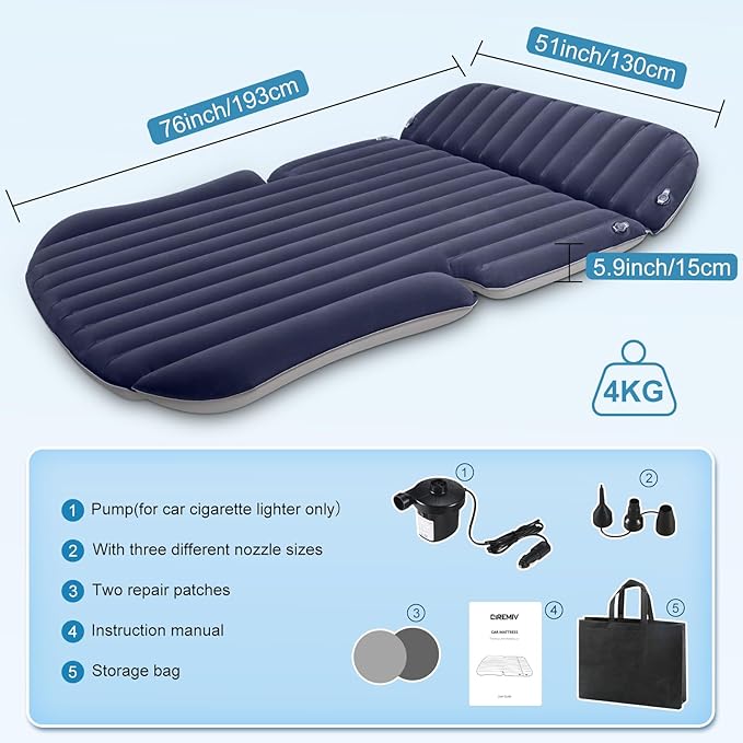Ciremiv SUV Air Mattress with Double-Sided-Thick Flocked,Car Mattress with Pump & Pillow,Leakproof Durable Car Air Mattress,Car Bed for Auto Camping,Road Trip，Double-Sided Flocking（Black+Grey）