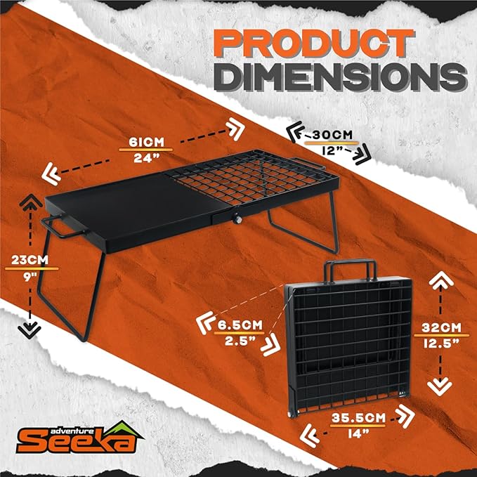 Adventure Seeka 24" Heavy Duty Folding Campfire Grill, Food-Safe Cooking Surface, Compact Folding Design, Portable Grill Grate & Griddle for Campfire Cooking, Australian Designed & Owned