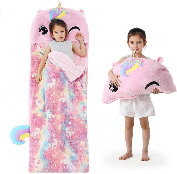 Kids Sleeping Bag, Plush Toddler Slumber Bag 2-in-1 Pillow, Soft Sleeping Bag, Nap Mats for Preschool,Daycare,Travel,Gift, Ages 3-12
