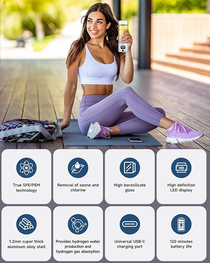 340ml Portable Hydrogen Water Bottle Generator with PEM-SPE Technology, Glass Exterior & Aluminum Shell, Produces 5000 ppb Hydrogen in 10 Minutes, for Home, Gym, Office & Travel