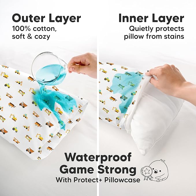 KeaBabies 13x18 Toddler Pillowcase, Waterproof - Soft Waterproof Toddler Pillow Protector Cover for Kids, Boys, Girls, Durable Machine Washable, Small Travel Pillow Sold Separately (Construction)