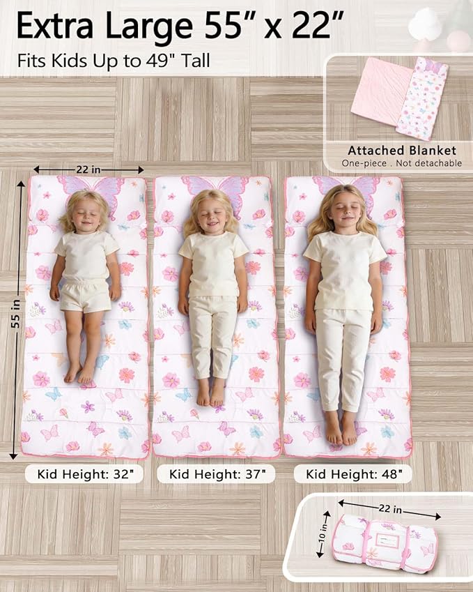 Primlect Thickened Toddler Nap Mat with Removable Pillow and Minky Blanket, Extra Large 55''x35'' Sleeping Bag, Washable, Roll up, Perfect for Daycare, Preschool, Kindergarten, Girls Butterfly