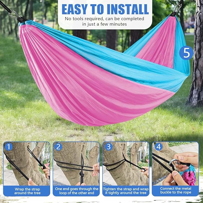 OBTANIM Camping Hammock 500lbs Portable Lightweight Single or Double Hammock with Tree Straps and Carry Bag for Camping Backpacking Hiking Travel Beach Outdoor Indoor (Blue and Pink)
