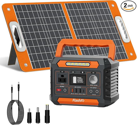 FF Flashfish Solar Generator With Solar Panel, 144.3Wh/39000mAh Electri Generator With 60W Solar Panel with, Emergency Power Supply with AC/DC/USB/Type C/LED Lights for Camping, Home, Power Outage